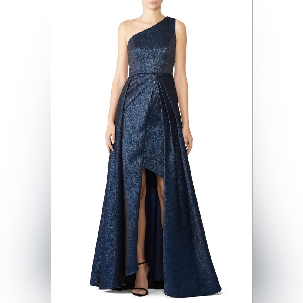 Monique Lhuillier Blue Textured Pleated High Low Gown, size 4, Preowned